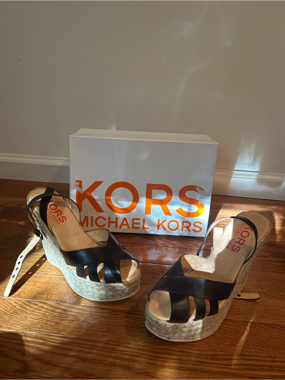 Michael Kors Dark Brown  Leather Espadrille Wedge Sandals